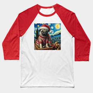 Christmas Pug - Van Gogh Style Baseball T-Shirt